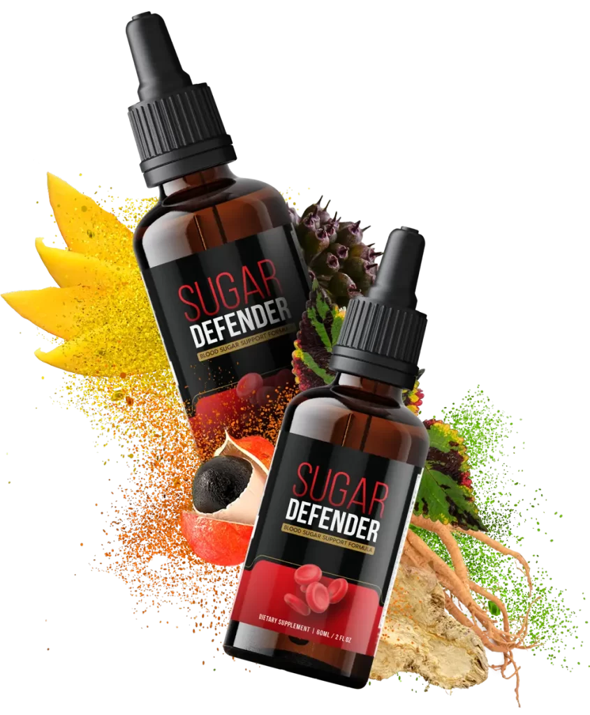 “A bottle of Sugar Defender, a blood sugar balancing dietary supplement.”