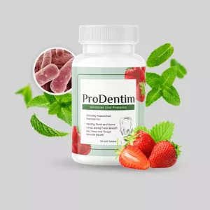 ProDentim oral health supplement bottle with probiotics for improved gum health and fresh breath."