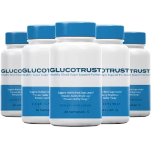 A bottle of GlucoTrust, highlighting its safety and benefits for blood sugar management.