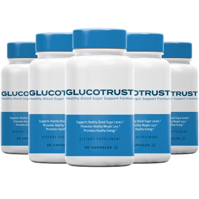 A bottle of GlucoTrust, highlighting its safety and benefits for blood sugar management.