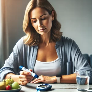 A middle-aged Caucasian woman checking her blood sugar levels with a glucometer at a table with healthy snacks, in a clean, well-lit room