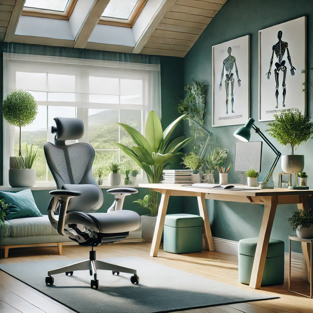 Ergonomic home office designed for natural joint support, featuring an ergonomic chair and desk, supportive cushions, and soft lighting, surrounded by green plants and motivational health posters.