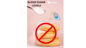 A display of doughnuts surrounded by sugar with a "No Sugar" sign prominently placed, highlighting the importance of controlling blood sugar levels.