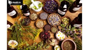 Herbal remedies for anxiety relief, including dried flower petals and other natural ingredients, displayed on a wooden surface."