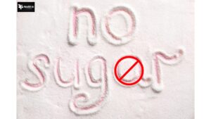 "Sign with the words 'No Sugar' promoting natural ways to lower blood sugar levels.