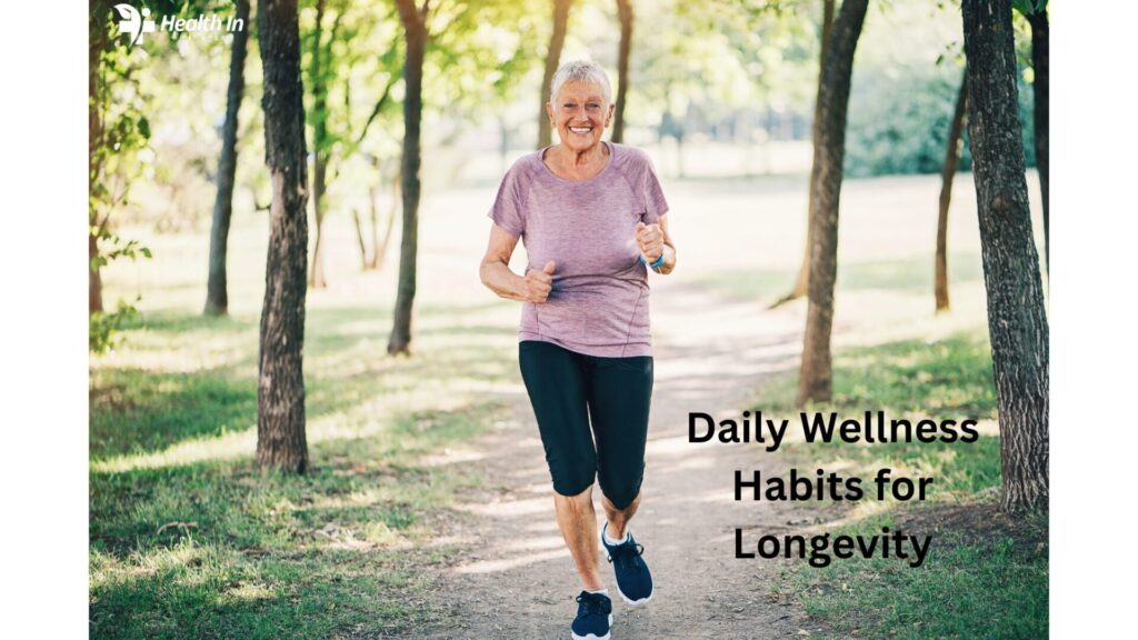 Elderly lady running through the woods practicing daily wellness habits for longevity."