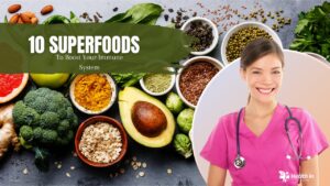 "Superfoods to boost your immune system on a table, including spinach, almonds, garlic, and blueberries."