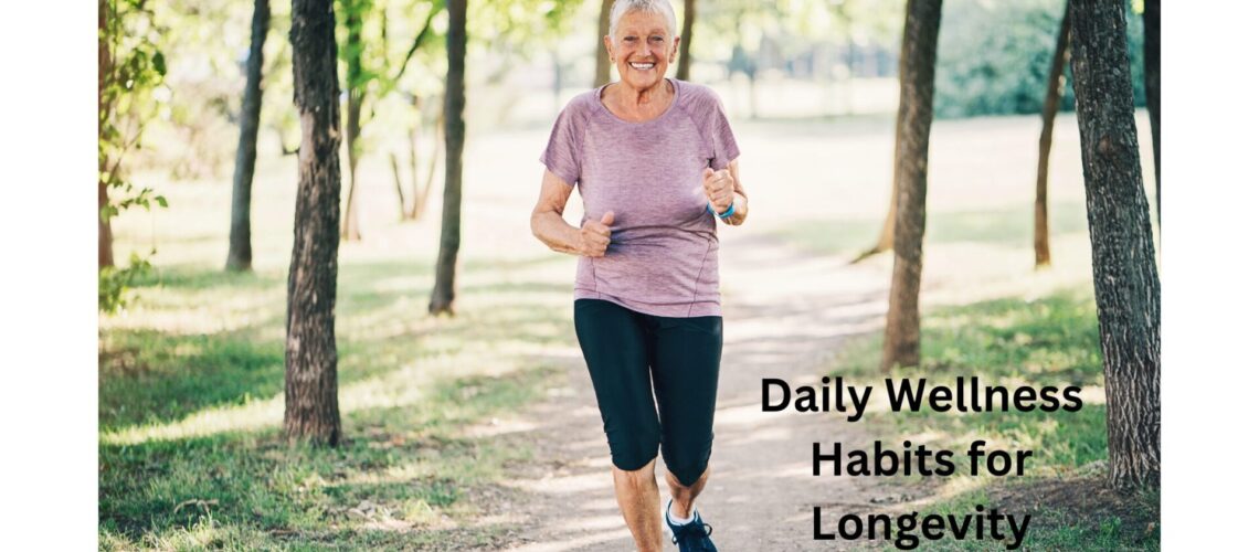 Elderly lady running through the woods practicing daily wellness habits for longevity."