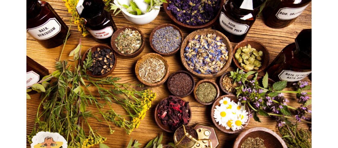 Herbal remedies for anxiety relief, including dried flower petals and other natural ingredients, displayed on a wooden surface."