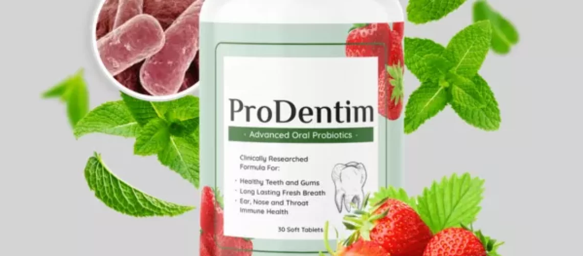 ProDentim oral health supplement bottle with probiotics for improved gum health and fresh breath."