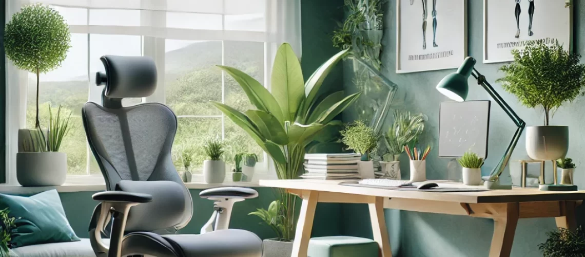 Ergonomic home office designed for natural joint support, featuring an ergonomic chair and desk, supportive cushions, and soft lighting, surrounded by green plants and motivational health posters.