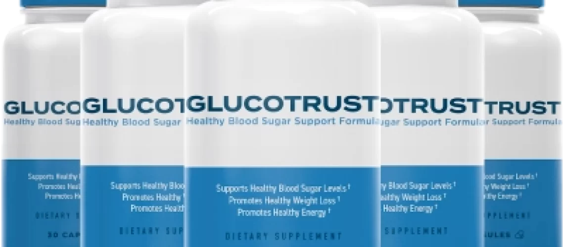 A bottle of GlucoTrust, highlighting its safety and benefits for blood sugar management.