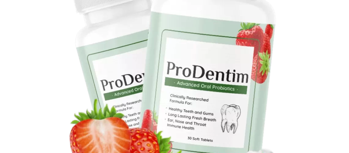 Two bottles of ProDentim, prominently displayed, each labeled for promoting oral wellness with a focus on natural ingredients for healthy chewing gum.